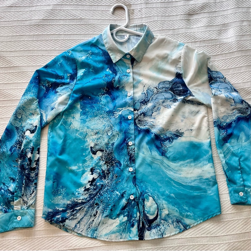 Unisex Blue Marble Water Swirls surf Splash Adjustable Sleeve Shirt - Picture 1 of 8